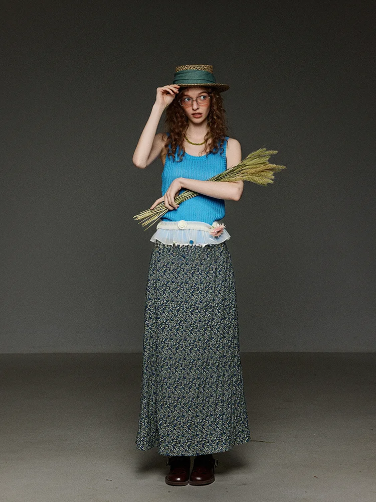 

TNIT Vintage Blue Knitted Svel U-Ne Vest Women's Summer Thin Slimming Striped Loose Top Thin Section Commute Sle