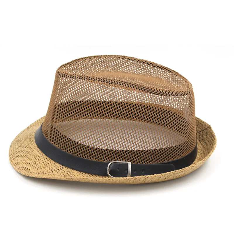 2021 Fashion Summer Unisex Jazz Paper Straw Hat Short Brim Mesh Fedora Hat with Belt Buckle Party Beach Cap Men Women Sun Hat