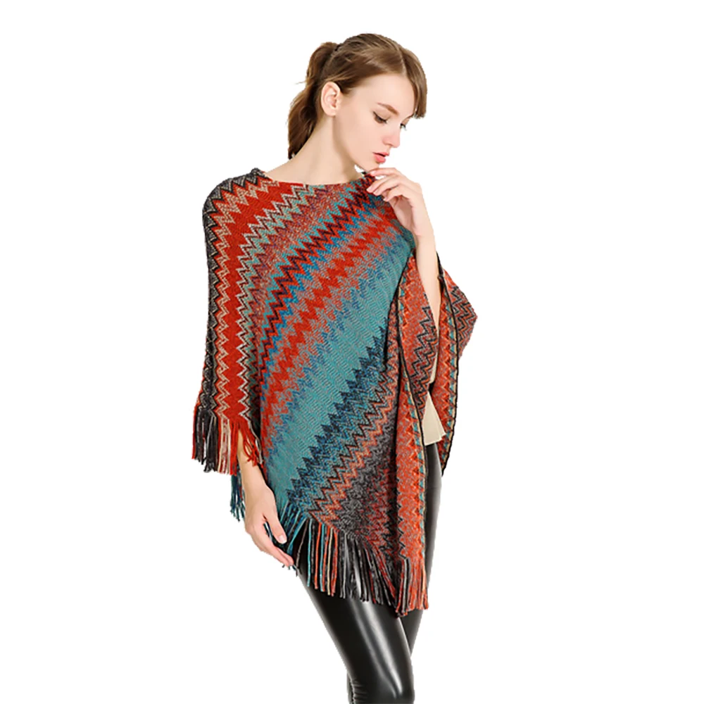 Women Spring Knitted Shawl Lady Autumn Tassels Poncho Loose Color Blocking Striped Pullover Sweater Wrap Wholesale Drop Ship New