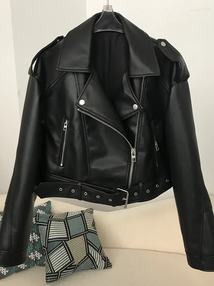 ZMEENNA Womens kunstleer jas bijgesneden asymmetrische zip-up jas klassieke groene klinknagel gordel punk bovenkleding ZM3367