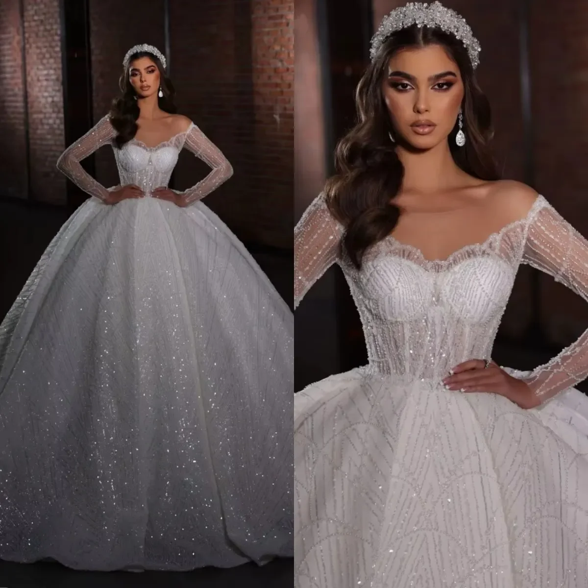 Luxurious Shiny Lace Bead Princess Wedding Dress Sexy V-Neck Long Sleeved Robe De Mariée Bridal Gown Vestido De Novia Customized