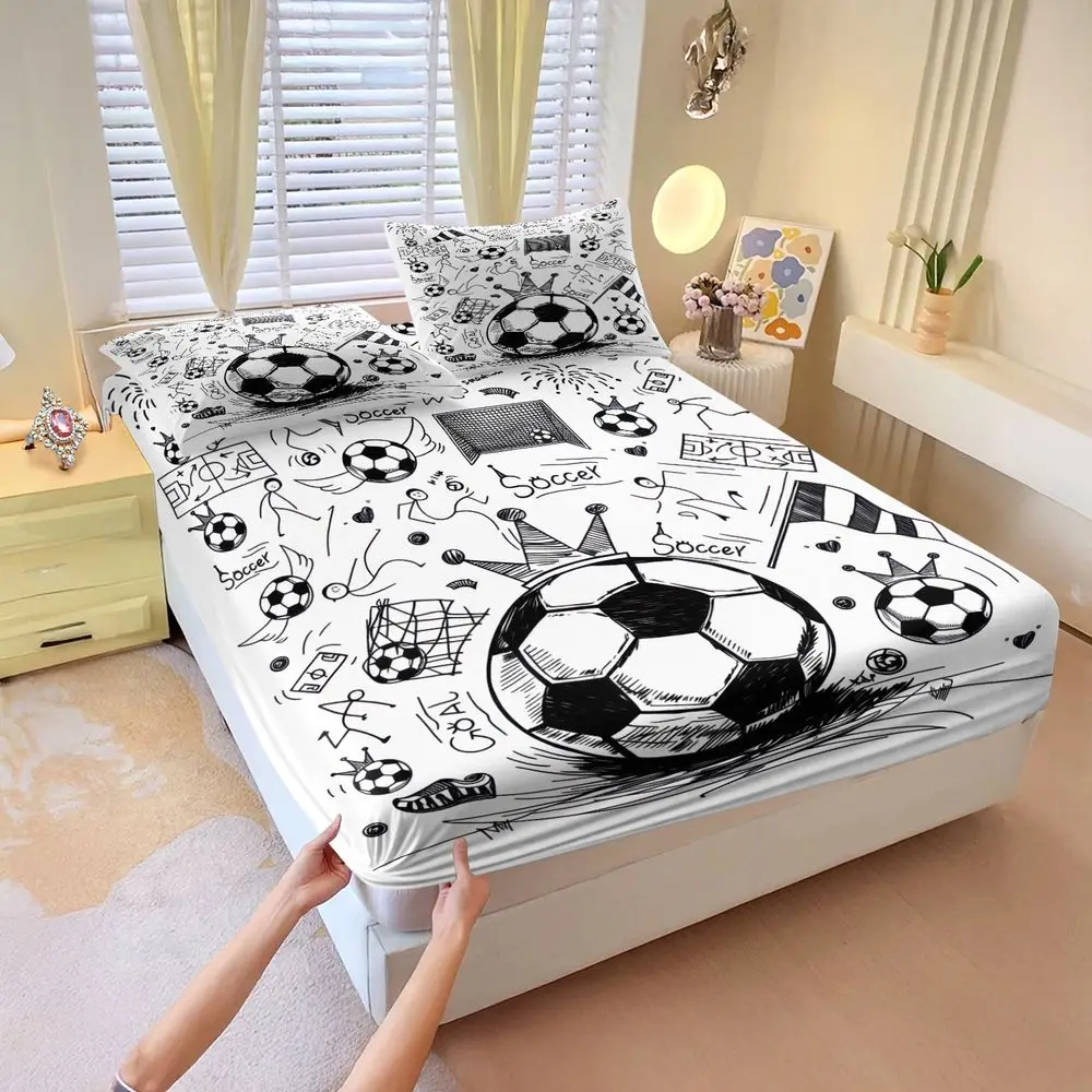 Soccer Ball Print Fitted Sheet Set Bed Sheet Set Digital Printed Sports Bedding Set Elastic Fabric for Boys Teen Bedroom Decor