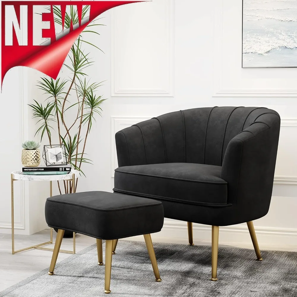 Best-Velvet Accent Chair With Ottoman, Upholstered Modern Single Sofa Side Chair,Comfy Barrel Club Living Room Armchair With Gol