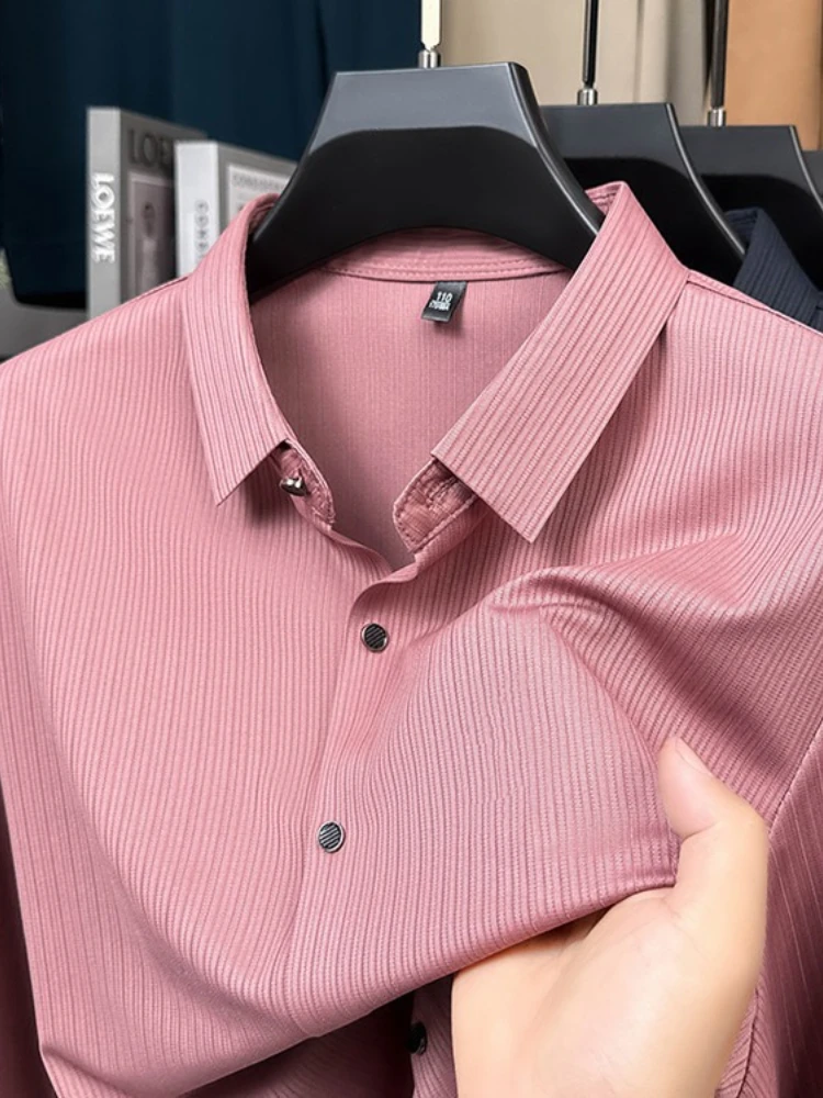 

Мужская рубашка в полоску приталенного кроя — пыльно-розовая деловая повседневная одежда без морщин и дышащая от офиса до ужина Легкий уход