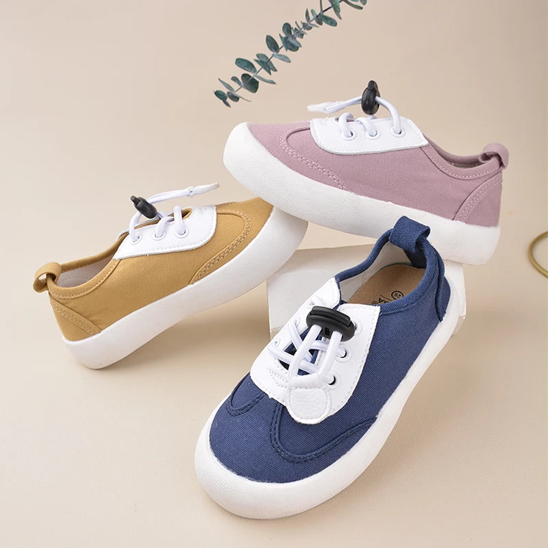 Spring New Arrival Yellow Blue Purple Kids  Outdoor Lace up Slip-on  Flat Canvas Shoes  Light Weight Anti-slip Sneakers EW8258