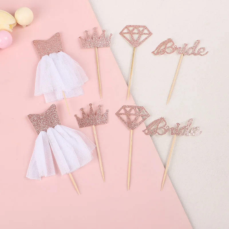 8PCs Bride Sparkling Rose Golden Cupcake Toppers Wedding Cake Decorations Bachelorette Bridal Shower Dessert DIY Decor Supplies