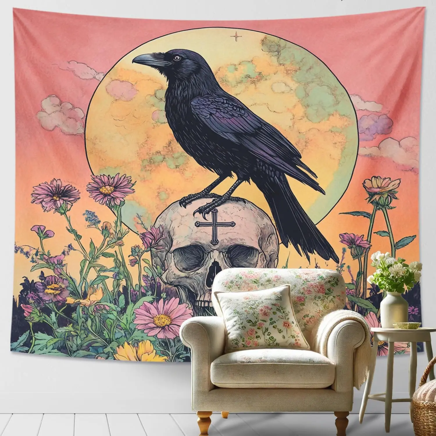 Raven and Skull Tapestry, Dark Violet Grey Decorative Wall Hanging,Gothic Tapestries Aesthetic for Living Room,Bedroom,Halloween