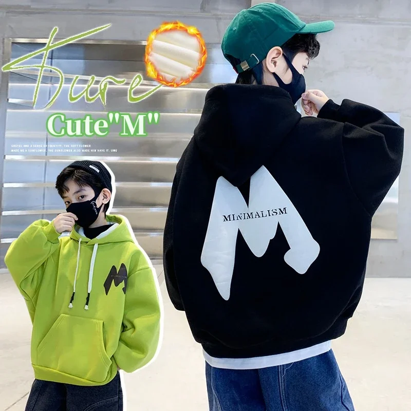 Boys Outerwear 5-14 Years Old Boy's Winter Fleece Letter-Printing Hooded Sweater Thickened Warm Fashion Casual Boy's Clothes