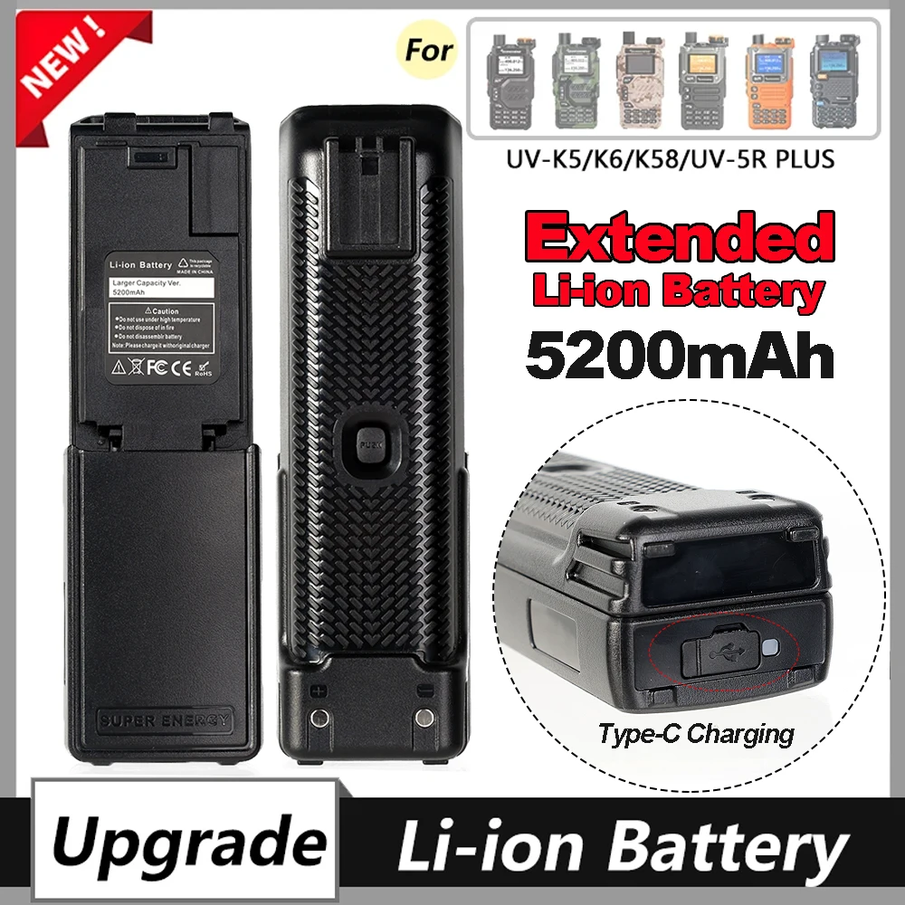 

New Quansheng UV-K5 Li-ion Battery Upgraded 5200mAh Extended Long Battery Can Type-C Charging For UV-K6 UV-K5(8) Walkie Talkie