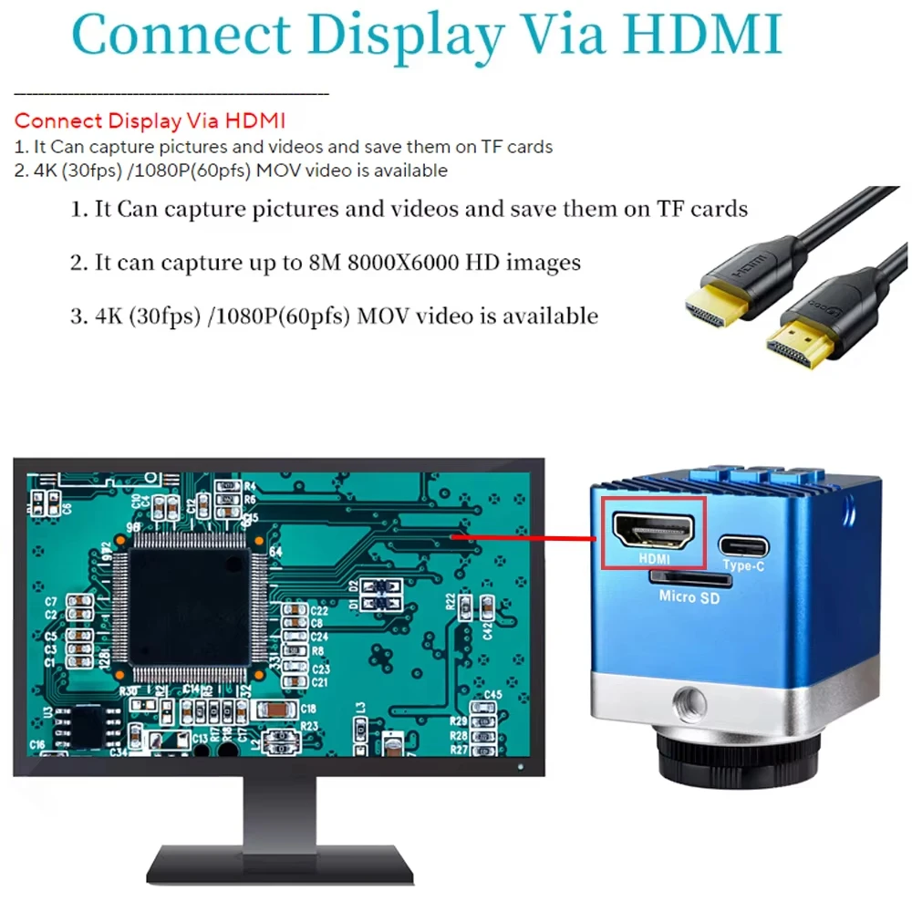 4K 60MP UHD 1080P 60FPS 전자 비디오 현미경 IMX415 1/2.7인치 HDMI 타입-C 납땜 현미경 카메라 선물용 컴퓨터 소프트웨어