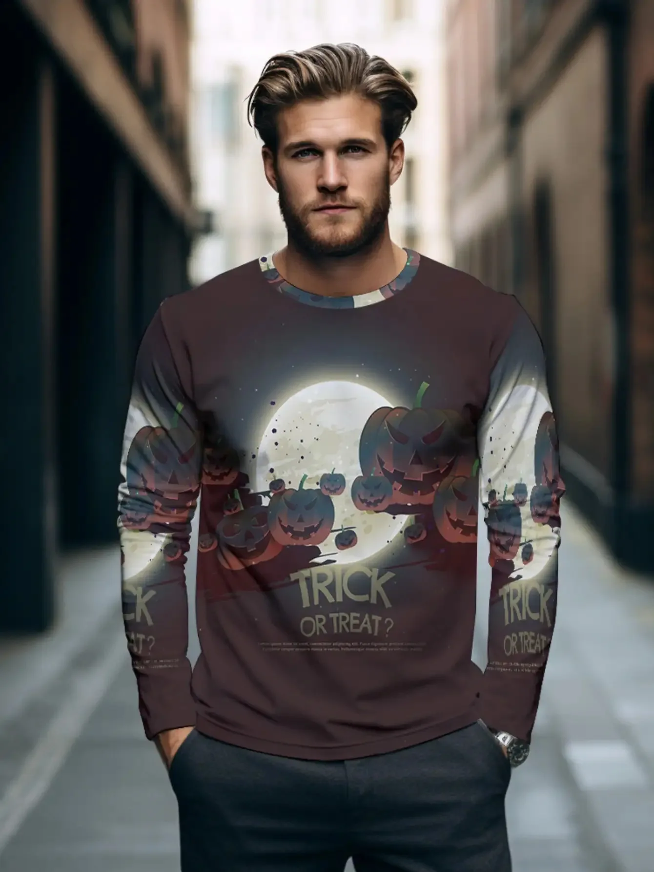 Men Halloween Trick Or Treat Print Long Sleeve Shirt Pumpkin Full Moon Retro Horror Graphic Crew Neck Top Casual Pullover Tees