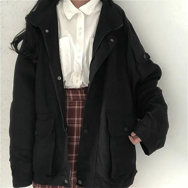 

2024 Autumn Mid-length Korean Version Loose Tooling Jacket Solid Color Wild New Student Ins Tide Short Long-sleeved Jacket