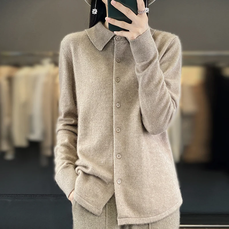 Mink Cashmere Cardigan for Women, Long Sleeve Top, Polo Neck, Loose Coat, Fashion Knitted Jacket, White XXL, Spring and Autumn,