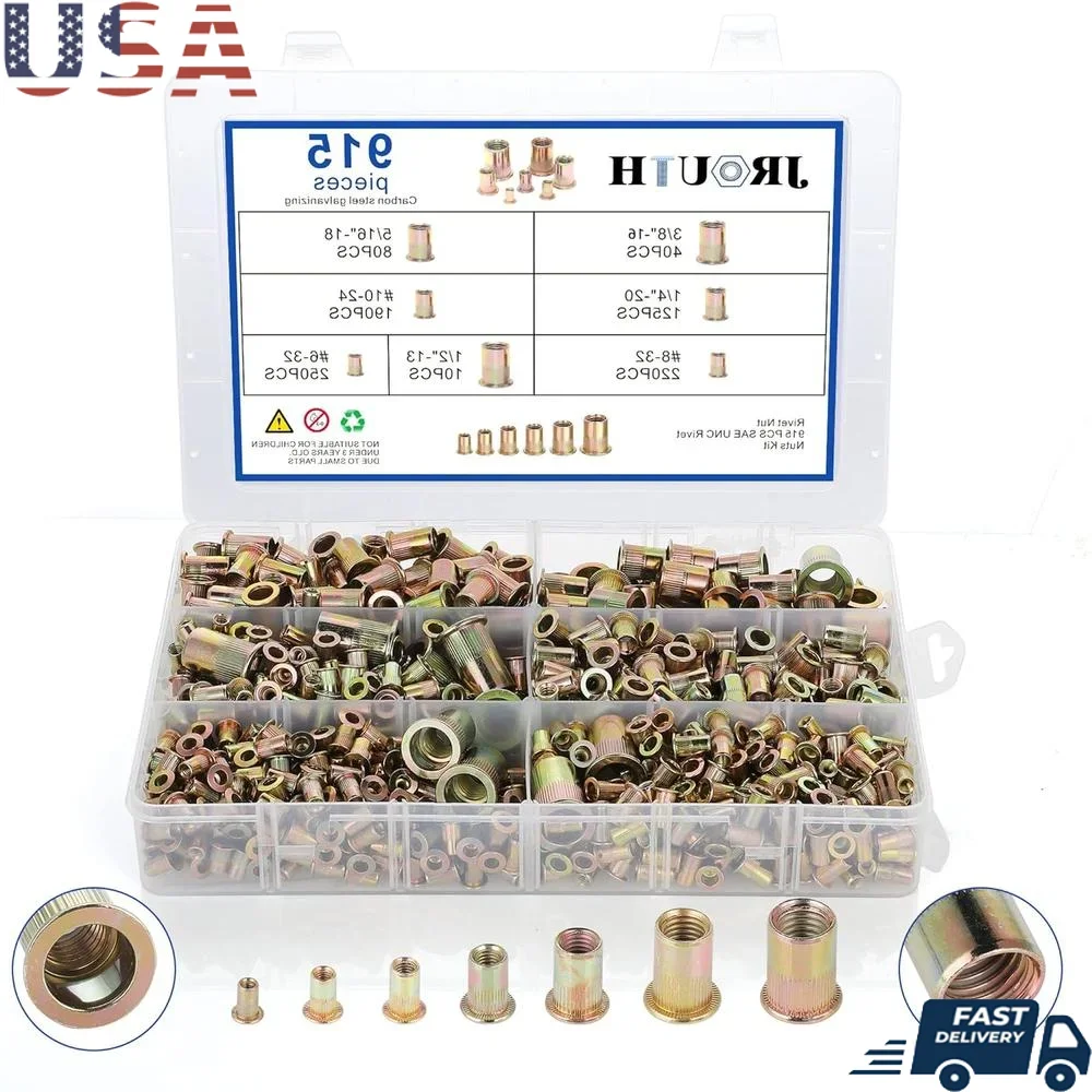 

915pcs Rivet Nut Kit SAE UNC Assorted Zinc Plated Carbon Steel Flat Head Knurled Rivnuts Durable Storage Case Multi-functional