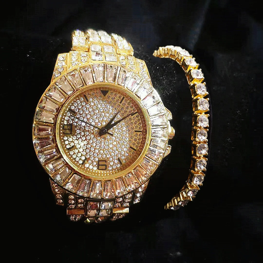 Conjunto de 2 piezas de reloj Iced Out + pulsera de tenis Para hombre y Mujer, reloj de pulsera de lujo sencillo de Hip Hop dorado Para Mujer, regalo