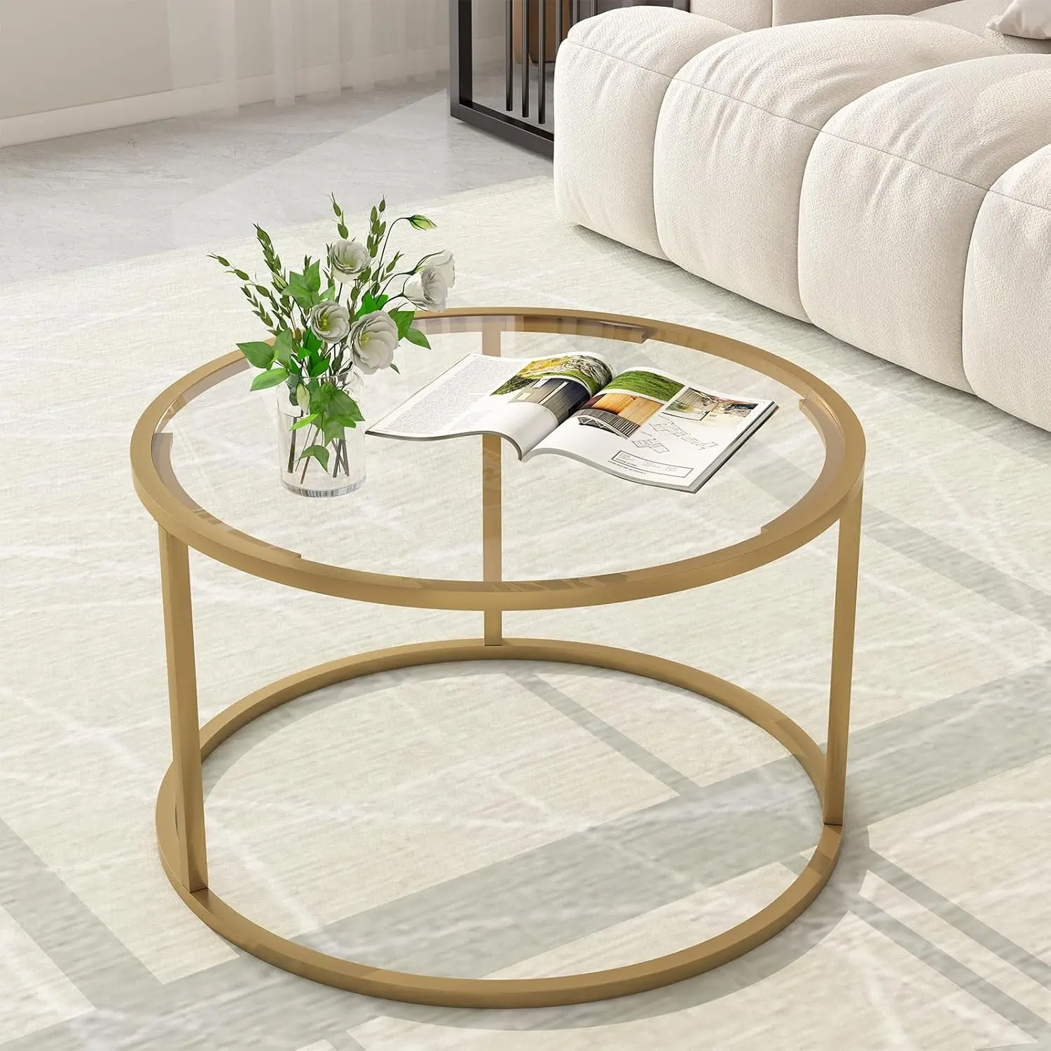 

27" Round Glass Coffee Table with Gold Metal Frame for Small Spaces, Modern Center Table for Living Room, Easy Assembly