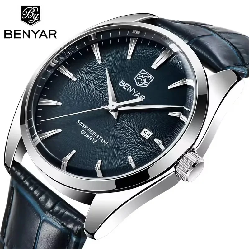 BENYAR BY-5163M Men's Business Quartz Watch Miyota 2115 Movement Stainless Steel Case 50M Waterproof Leather Band Male Watch