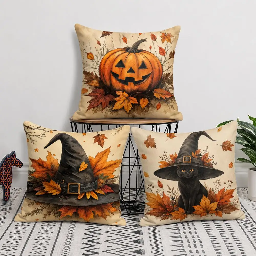 Halloween Raven Witch Hat Cushion Cover Short Plush Double Sided Printed Soft Pillow Case Home Sofa Decor Festival Gifts