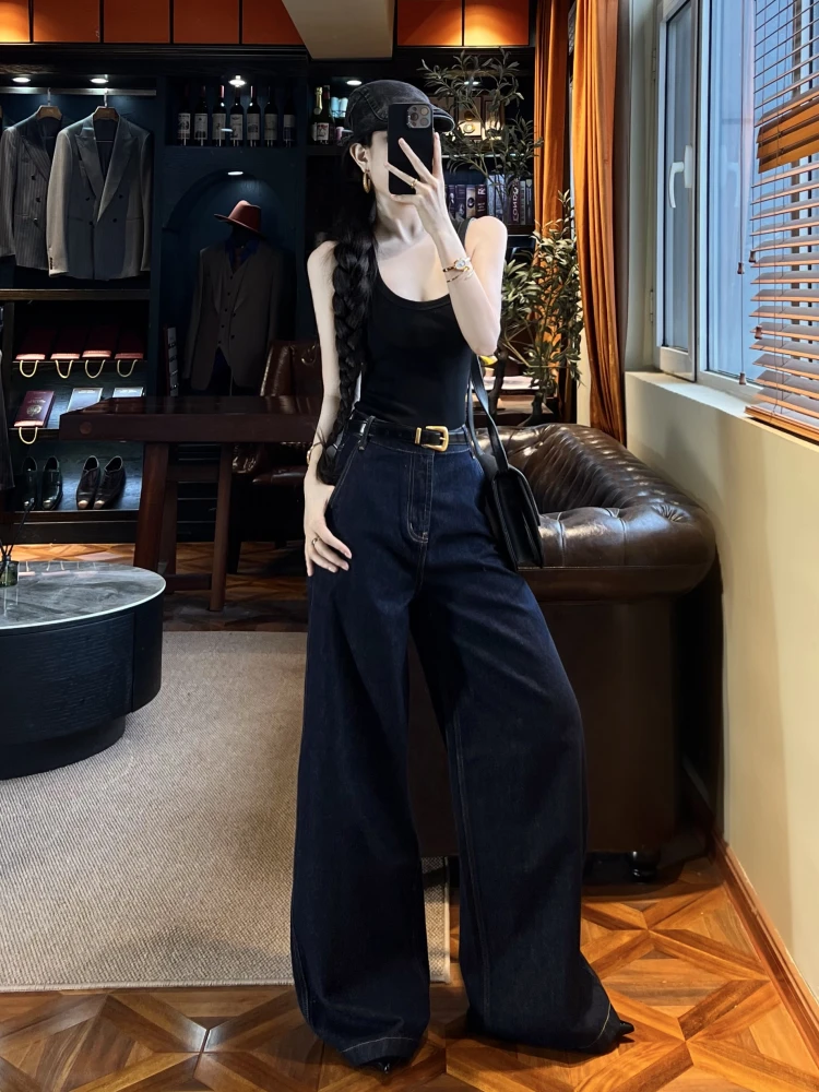 

Невыцветающие темно-синие джинсы-клеш с высокой талией, удлиненные, в стиле ретро, для повседневной носки