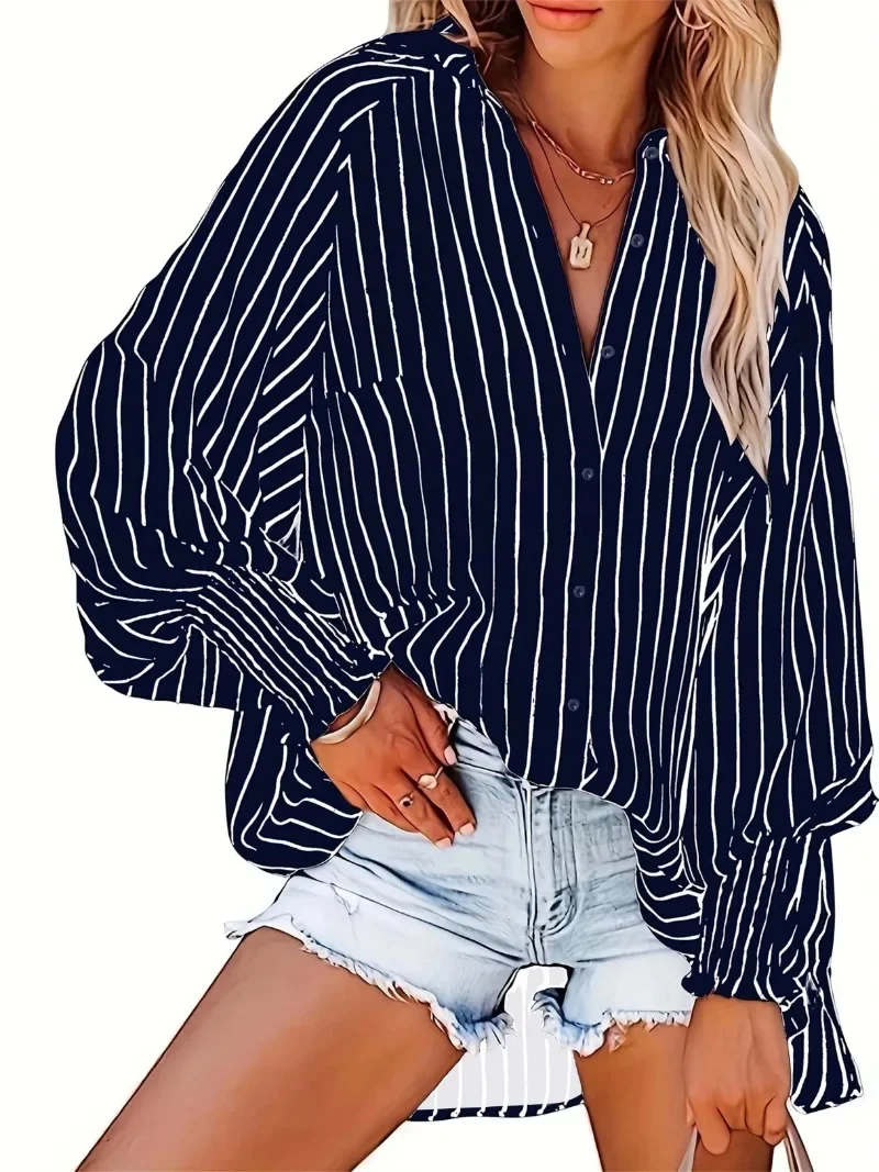 Plus Size 1XL-5XL Casual Blouse Women\'s Striped Print Lantern Sleeve Button Up Lapel Collar Slight Stretch Shirt