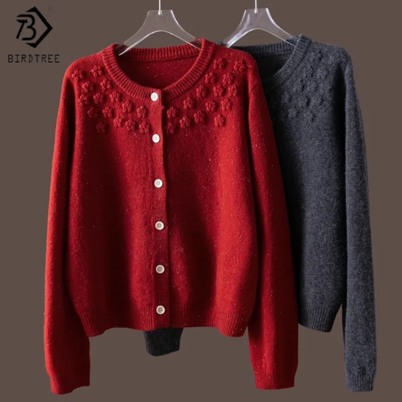 

Birdtree,100% Sheep Wool Solid Knitted Cardigan,Woman Full Sleeve Single Breasted Sweater,2025 Autumn Winter Coat T5O513JF