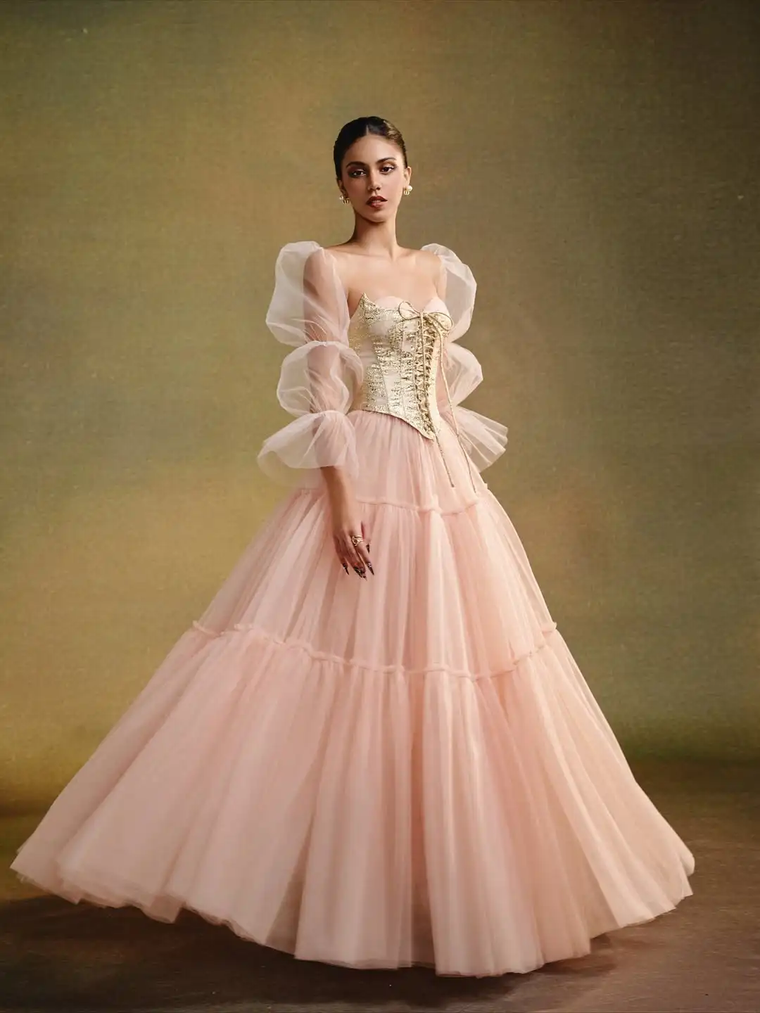 Elegante blush rosa tule vestido de baile com brocado ouro espartilho sheer puff mangas vestido de noite vestido de baile vestidos de casamento plus size