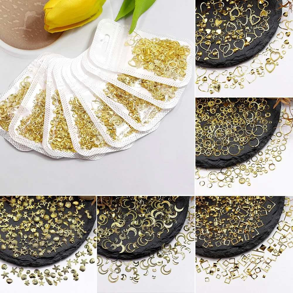 10g Mix Shapes Square Circle Moon Stars Frame Round Oval Studs Sea Life Shell Alloy Nail Art Rivets Decoration Manicure Charms