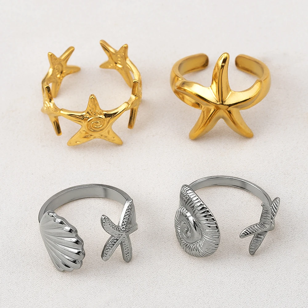 Stainless Steel Starfish Ring Base Adjustable Tray Cabochon Settings Blank Bezel Shells Conchs Ocean Rings for Jewelry Findings