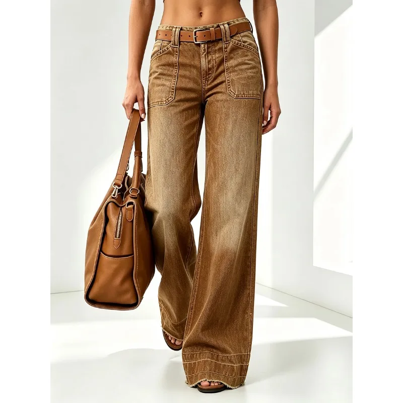 OIQERE Women Retro Brown Cargo Flare Jeans Autumn High Waist Big Pocket Slim Frayed Hem Wide Leg Denim Long Trousers