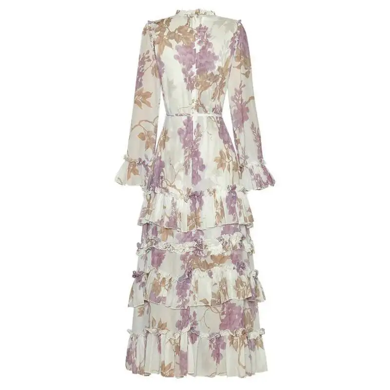 LEOSOXS – robe imprimée pour femmes, col rond, manches longues, taille haute, à volants, gâteau Floral, grande balançoire, printemps 2025