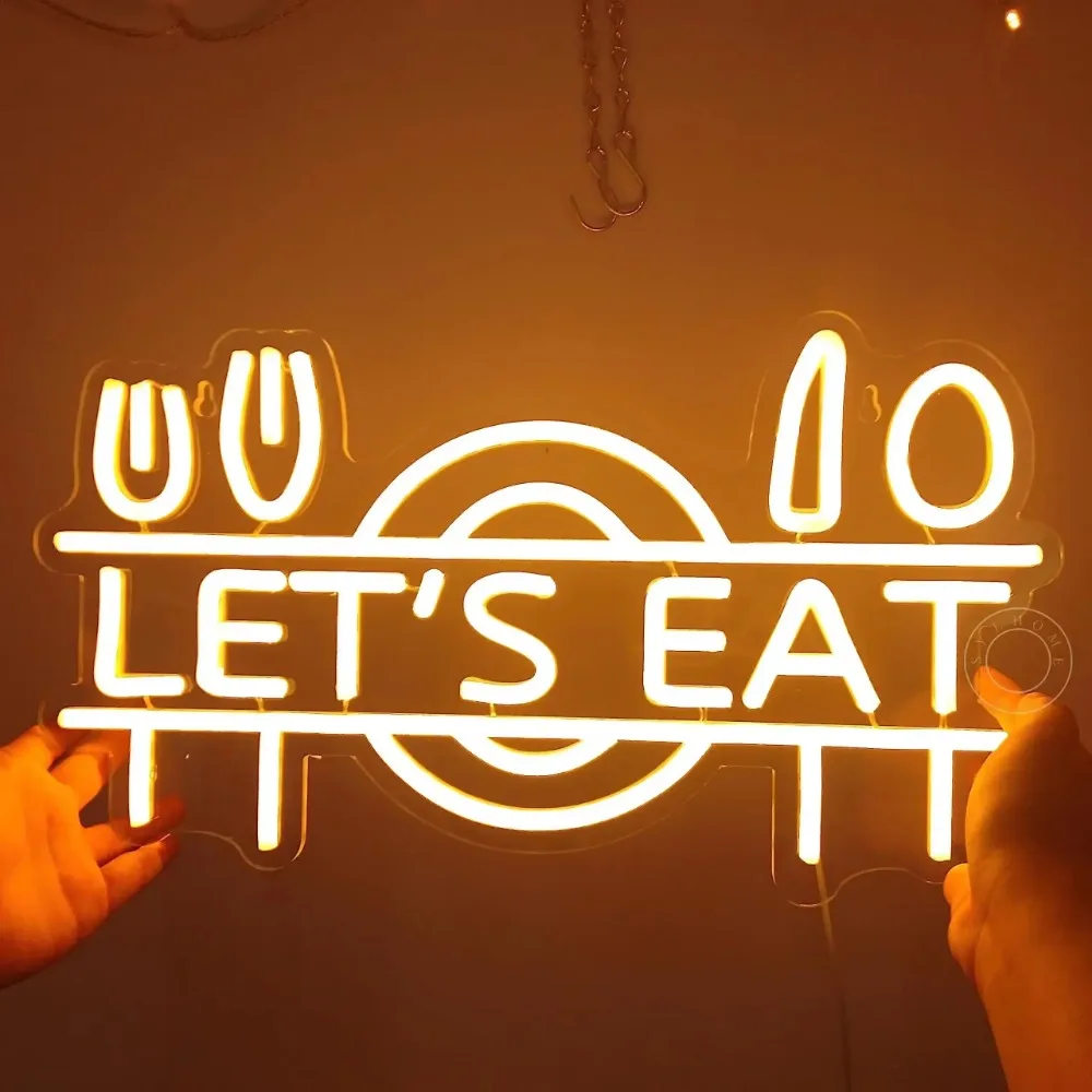 

Неоновая вывеска «Let's Eat» с вилкой и ножом, светодиодный настенный декор для ресторана, кухни, бара, кафе, столовой, создающий уютную атмосферу для обеда