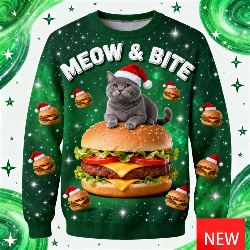 

Mens Womens Ugly Christmas Sweatshirts Couples Ugliest Xmas Office Party Sweatershirt Funny Burger And Cat Sweater Jumper