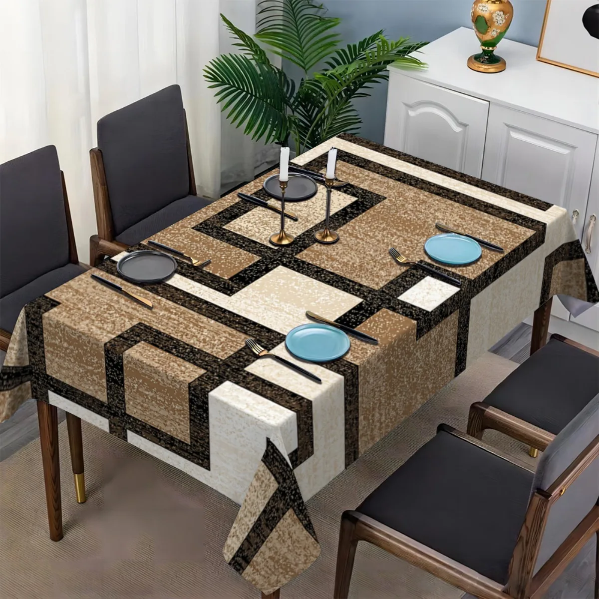 One modern geometric pattern tablecloth - black and white, beige textured polyester rectangular table cover.PMJ