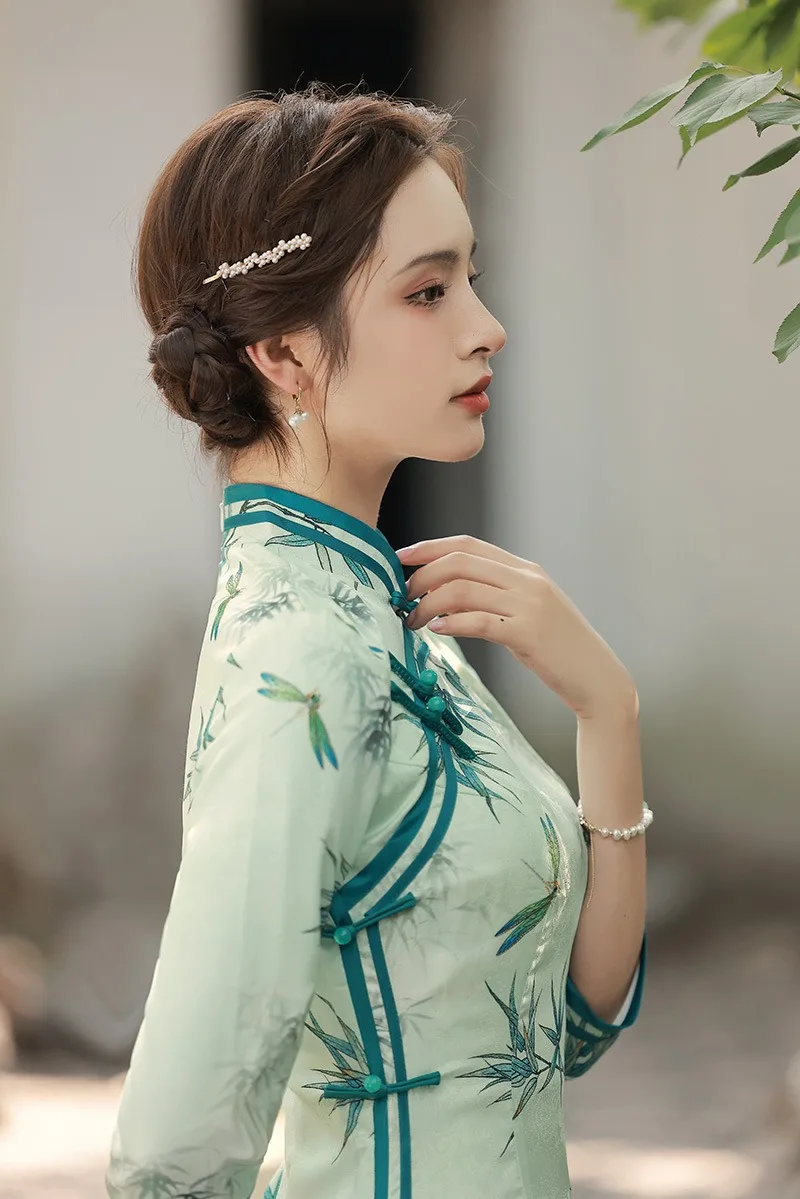 Yourqipao الصيف النمط الصيني مساء اللباس الرجعية تشيباو المرقعة شيونغسام الشباب فتاة فيستدوس فساتين طويلة Hanfu للنساء