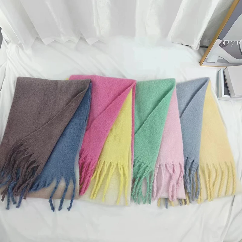 Korean Fashion Winter New Gentle Gradient Color Cashmere for Women Fluzzy Thick Warm Scarf  Big Shawl Scarf with Tassel Wraps