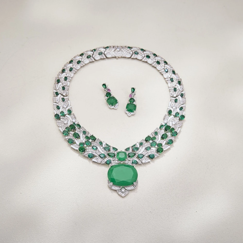 Gorgeous Fashion Style Earrings Necklace Inlay Cubic Zircon Synthetic Ruby Emerald Black White Enamel Party Jewelry Sets