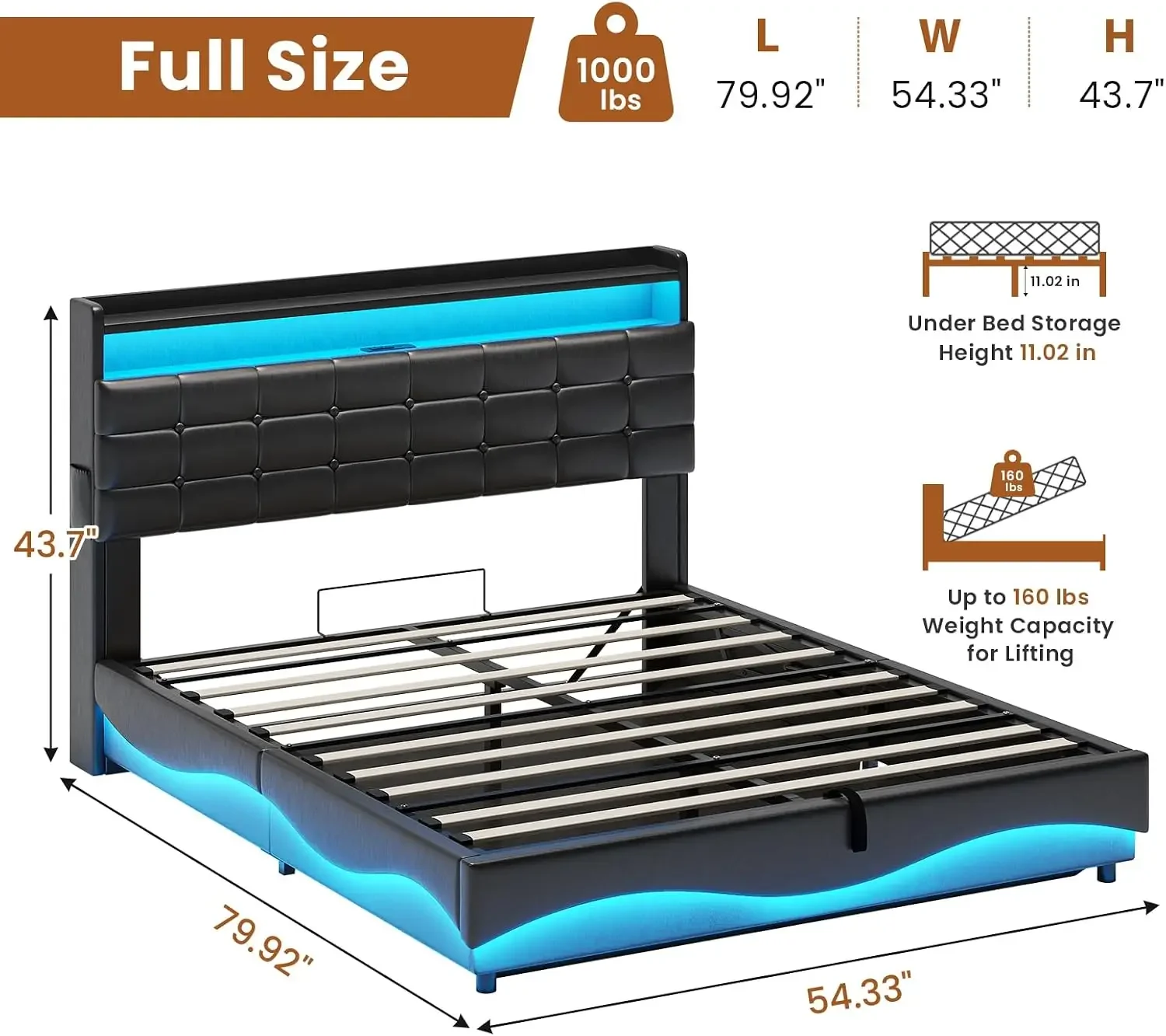 Lift Up Storage Full Size Bed Frame with Type-C Charging Station& Hidden Storage Headboard, LED Lights Upholstered Platform Bed,