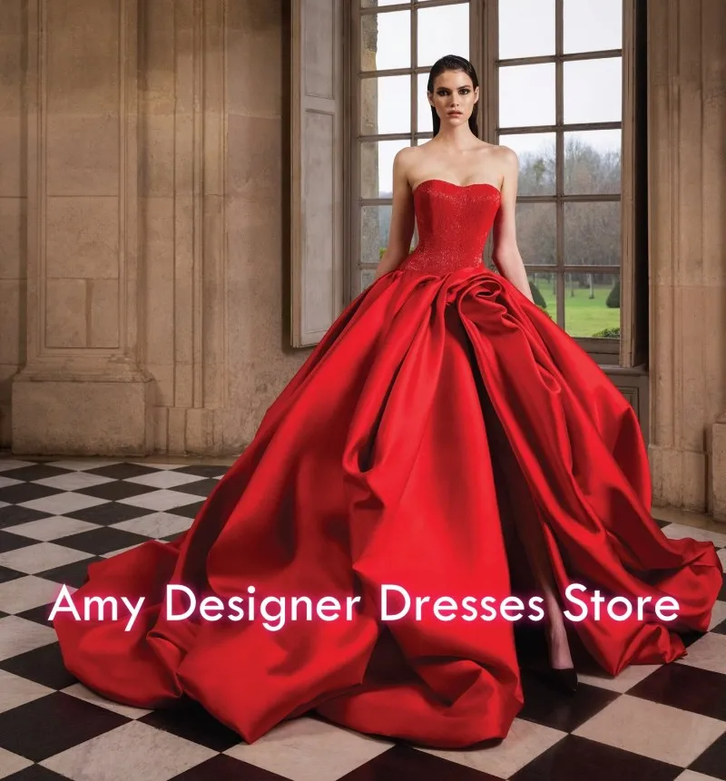 Generous Red Evening Dresses For Arabic Women Elegant Ball Gown Split Ruffles Wedding Party Dress Prom Gowns 2026 Customized