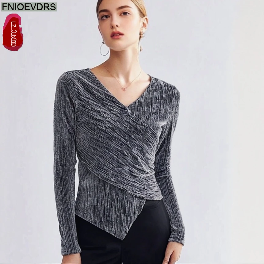 

Модные блестки Блестящие топы Блузки Новогодняя мода Женская осень Базовые рубашки с длинными рукавами Короткий дизайн Топ во французском стиле с v-образным вырезом