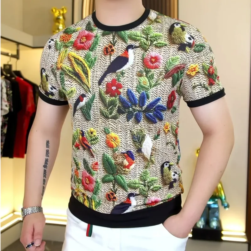 2025 Summer Honeycomb Mesh Short Sleeve T-shirt Men Retro Print Round Neck Casual T-shirt Ice Silk Social Streetwear Tee Tops