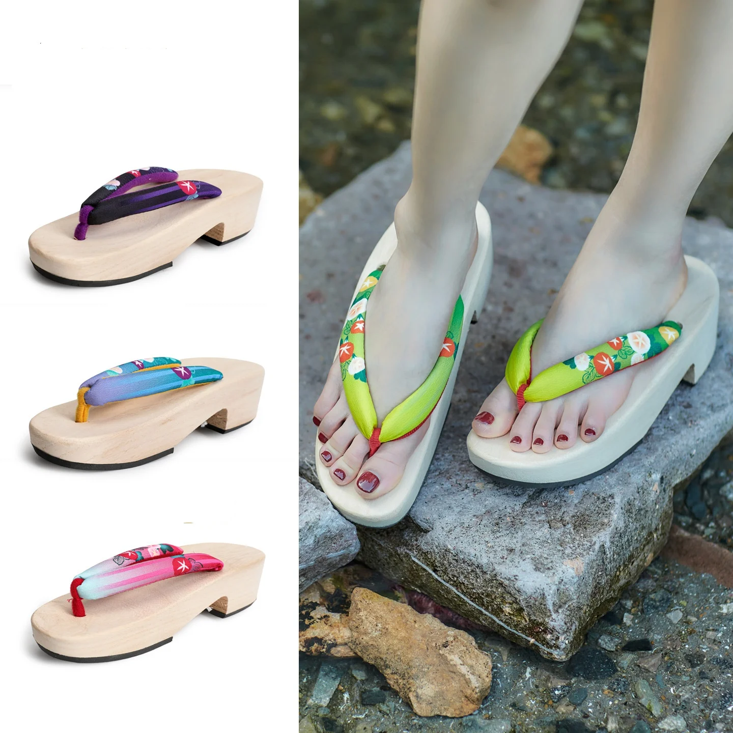 Women's Summer Flip Flops Wooden Outdoor Slippers Japanese Style Clogs Kimono Geta Cosplay Shoes Beach Slippers
