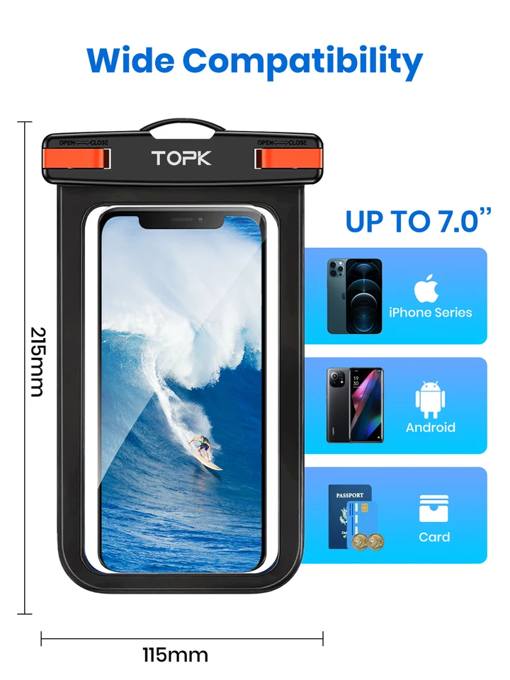 Bolsa impermeable para teléfono TOPK E01, universal IPX8 con cordón, para iPhone Samsung hasta 7.0 pulgadas 4