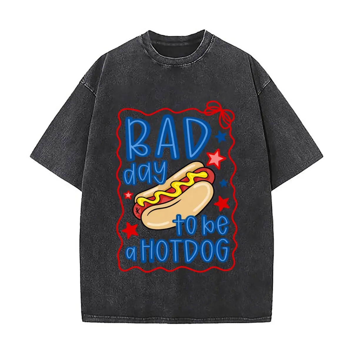 Bad Day To Be A Hotdog Mustard Stars Graphic Washed Short Sleeve Loose Streetwear Tee Hip Hop