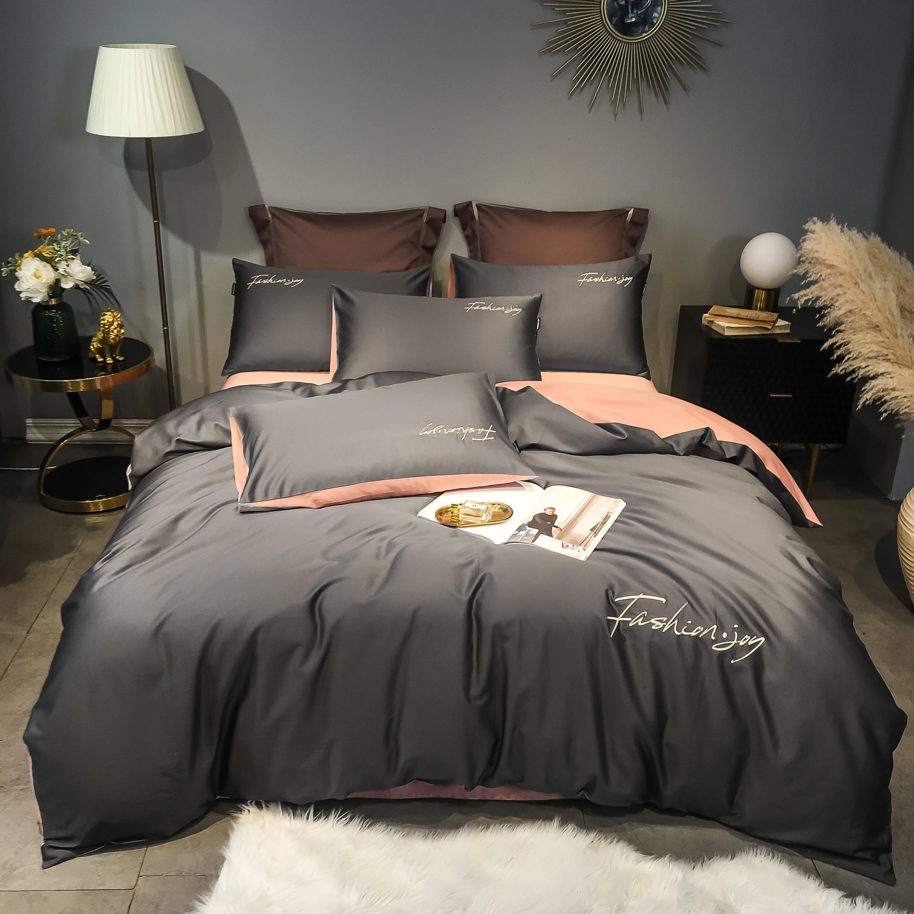 

2022 Long-staple Cotton Four-piece Bed Linen New Stitching Embroidery Plain Color Cotton Bedding Light Luxury Style Gray Color