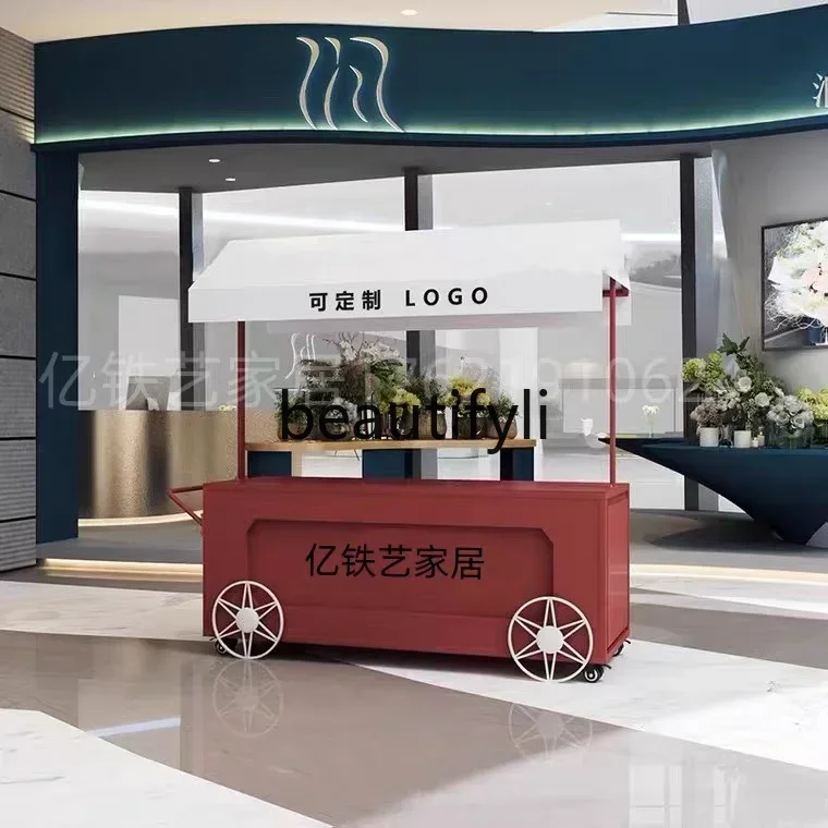 Soporte de exhibición de carrito de puesto, carrito de refrigerios gourmet, empuje de puesto móvil de mercado nocturno, carrito de promoción de eventos0420