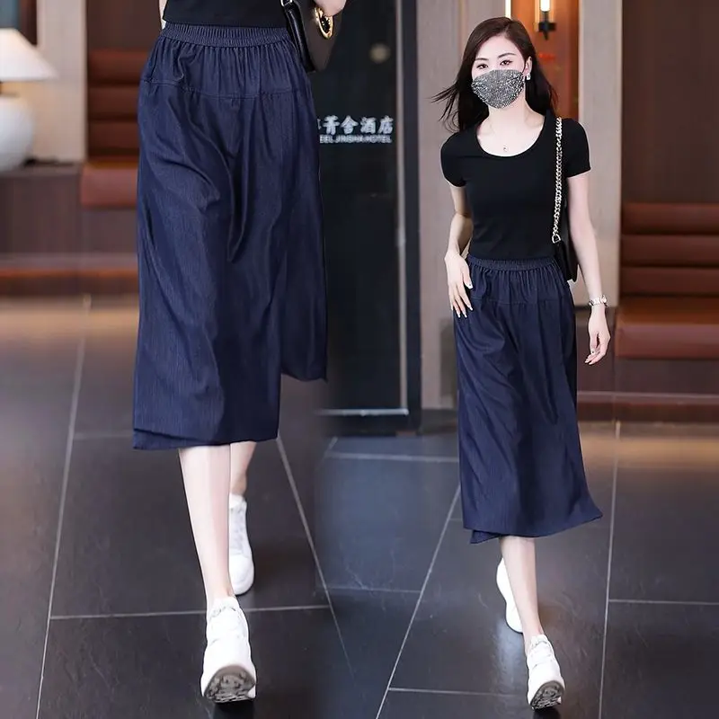 Tensi Denim Wide Leg Culottes Women's Summer Thin 2024 New High-waisted Loose Women's Summer Casual Cropped Pants fashion trend