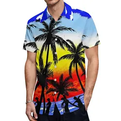 Summer Men's Hawaiian 3D Coconut Tree Sunset Printing Shirt Holiday Vacation Beach Lapel Collar Short Sleeve Casual Comfort Tops