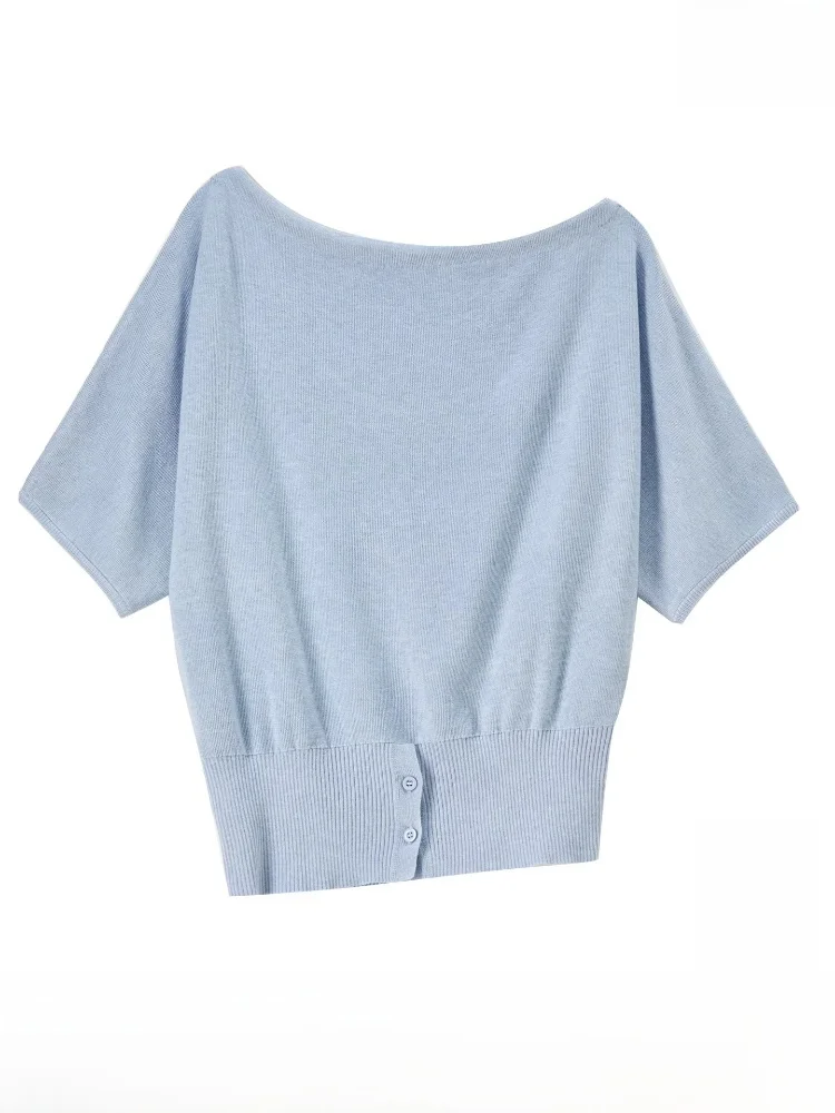 

Korean Style Soft Color Knitted Top Women Summer Side Shoulder Exposure Waist Shaping Button Design at Hemline