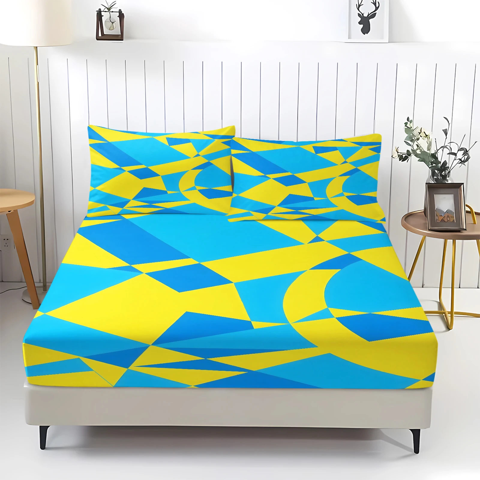 Blue Yellow Geometric Abstract Fitted Sheet Set 3PCS All Around Elastic Mattress Cover Deep Pocket Non Slip Stretch Bedding Set