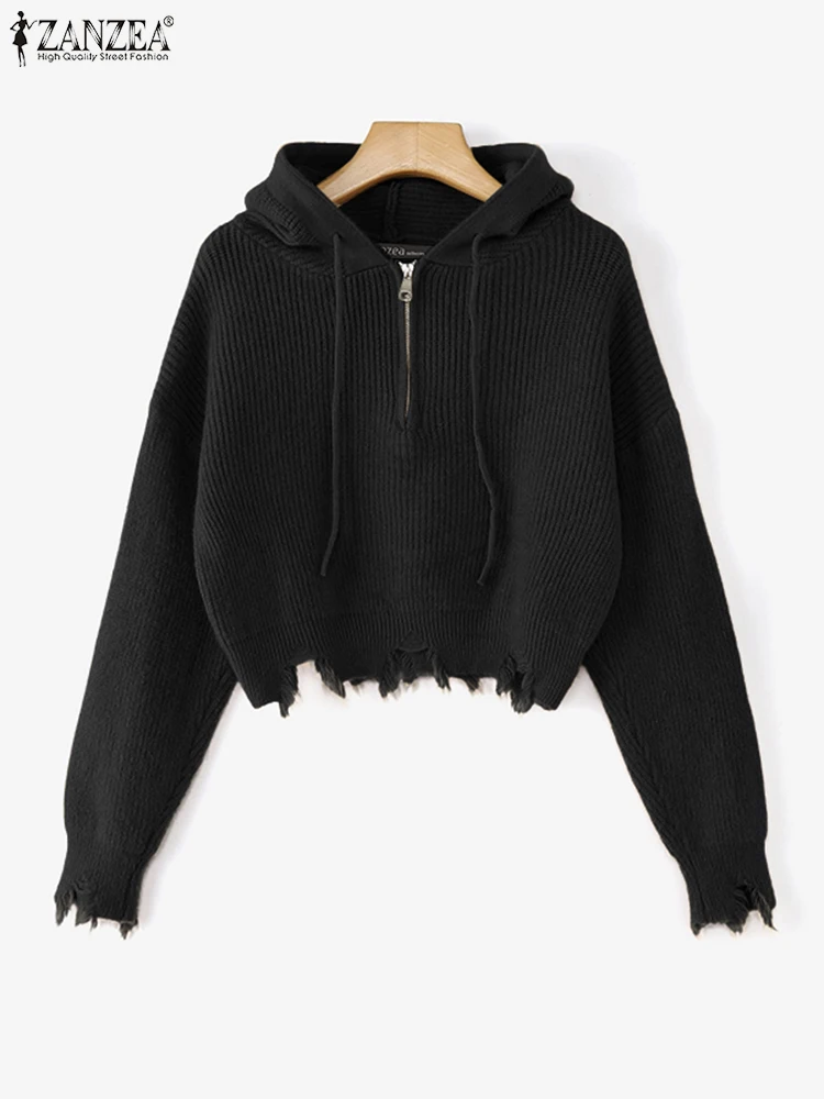 

ZANZEA 2022, осенние вязаные свитера, пальто, женский пуловер с капюшоном, стильные приталенные джемперы на молнии с длинными рукавами, зимние свитера